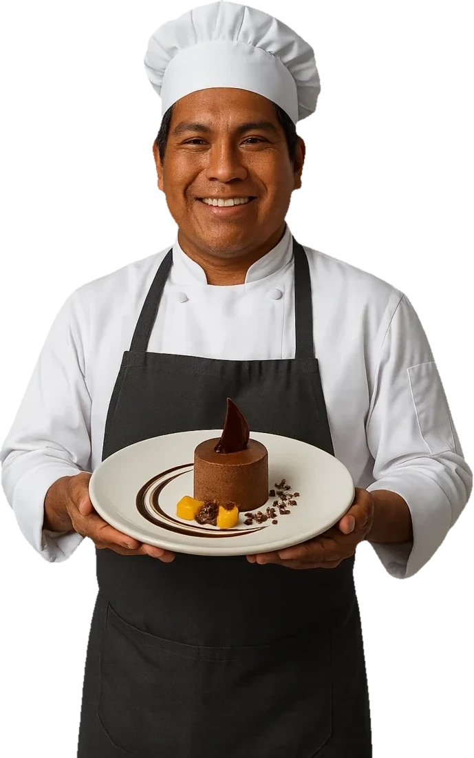 Chef presentando un postre elaborado con cacao